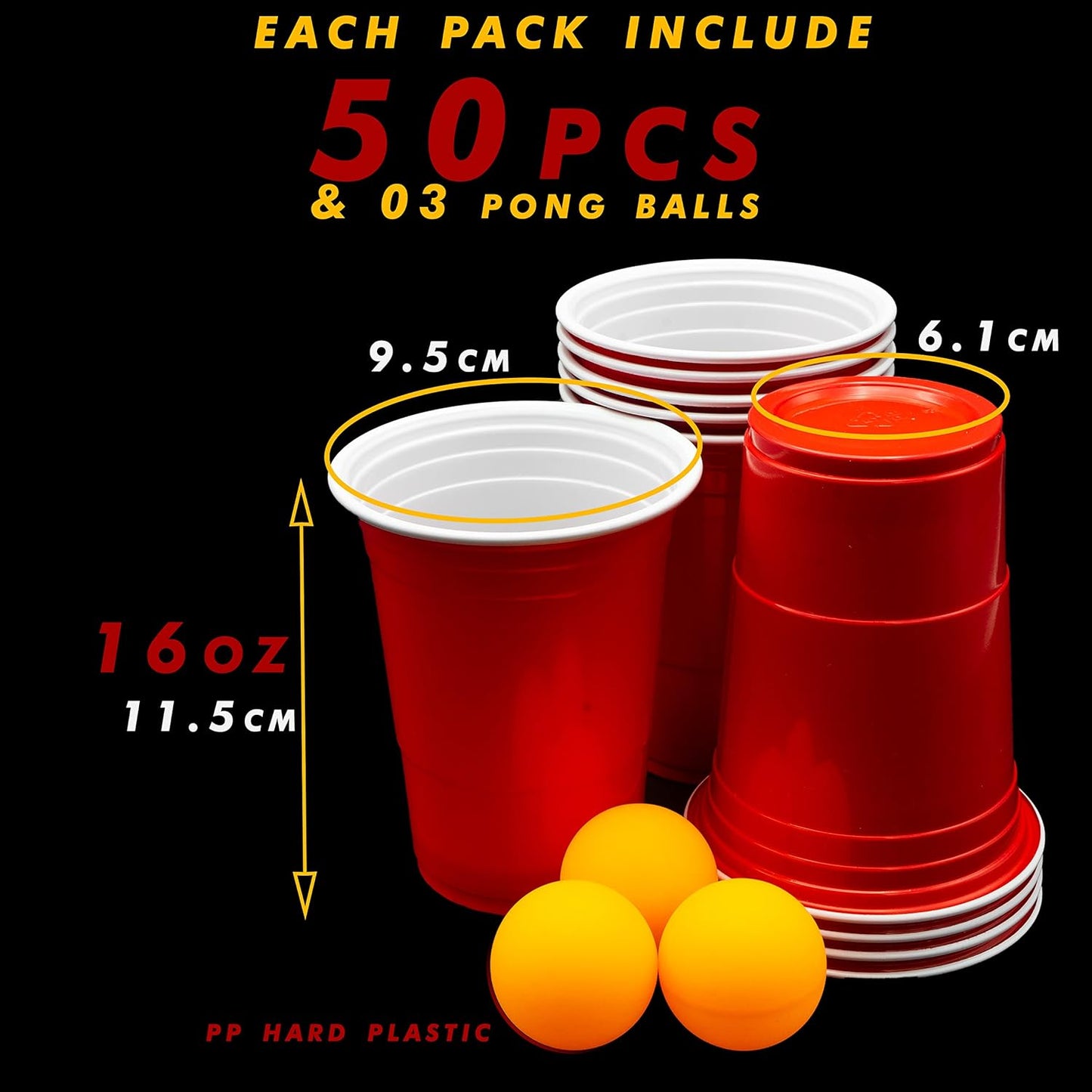 WORCOFY® Red Solo Party Cups - Plastic Cups Party Solo Cups 50Pcs (16oz) for Christmas Party and American Game, Plastic Red Cups Disposable, Reusable and Recyclable PP Material (with Balls)