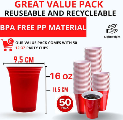 WORCOFY® Red Solo Party Cups - Plastic Cups Party Solo Cups 50Pcs (16oz) for Christmas Party and American Game, Plastic Red Cups Disposable, Reusable and Recyclable PP Material (16oz)