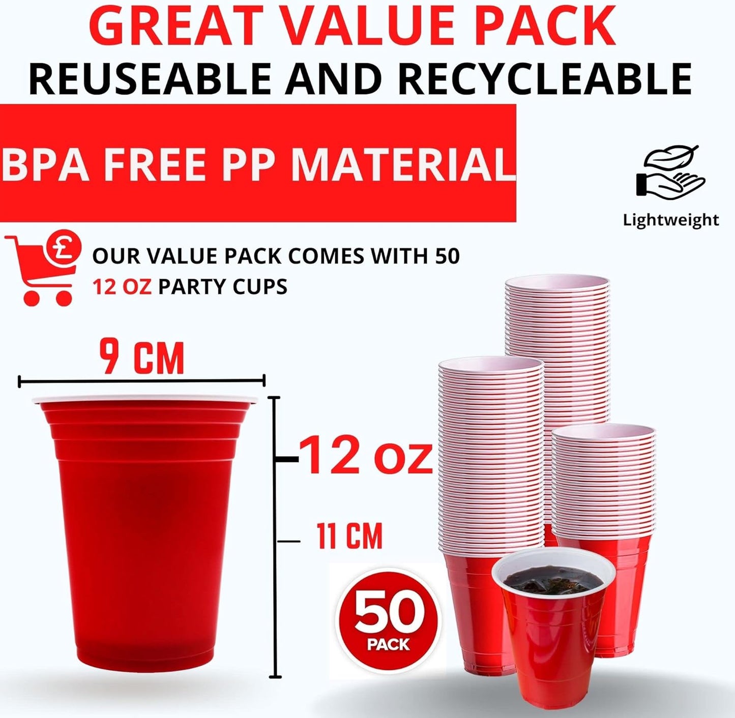 WORCOFY Red Solo Party Cups - 50PCS (12oz) for Christmas Party , Reuseable