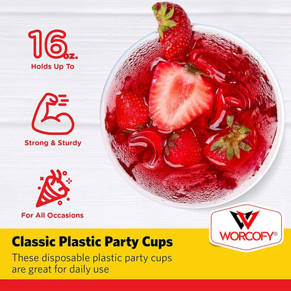 WORCOFY® Red Solo Party Cups - Plastic Cups Party Solo Cups 50Pcs (16oz) for Christmas Party and American Game, Plastic Red Cups Disposable, Reusable and Recyclable PP Material (with Balls)