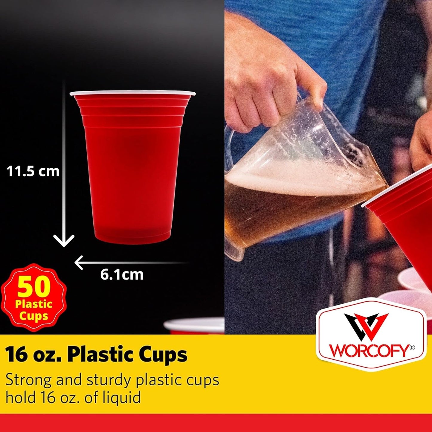 WORCOFY® Red Solo Party Cups - Plastic Cups Party Solo Cups 50Pcs (16oz) for Christmas Party and American Game, Plastic Red Cups Disposable, Reusable and Recyclable PP Material (with Balls)